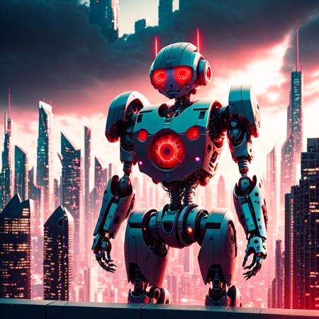 photo, a robot with red glowing eyes with a city in the background (Robotpunks style:1)  <lora:djzRobotpunksV21:0.8>