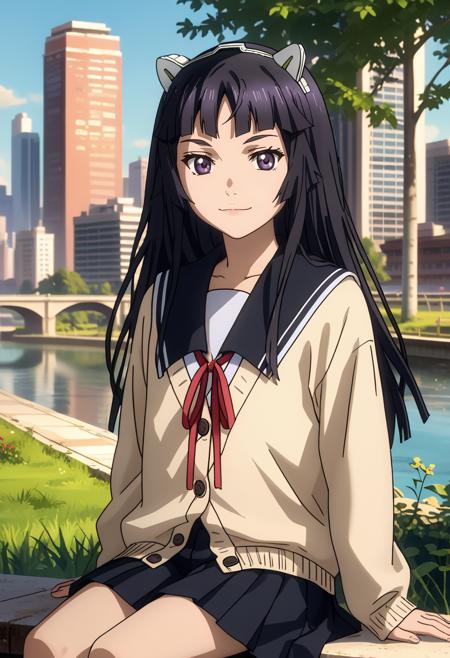 long hair, black hair, hime cut, purple eyes, fake animal ears, hairband TsugumiSuit, two-tone suit, black bodysuit, grey bodysuit, neon trim TsugumiSchool, black serafuku, black sailor collar, black dress, red ribbon, short sleeves TsugumiSchool2, black sailor collar, cardigan, red ribbon, long sleeves, pleated skirt, black skirt long hair, black hair, hime cut, purple eyes, animal ears TsugumiMaid, frilled dress, black dress, white apron, short sleeves, frilled skirt, black skirt