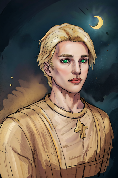 <lora:duskfallcrewsArtStyle_1:.7> (masterpiece, best illustration), 1boy, male focus, solo, (blonde hair), green eyes , extreme light and shadow,  constellation, crescent_moon, crown, dust, embers, rim lighting, side lighting, (best anatomy),  (dynamic angle), upper body, pov