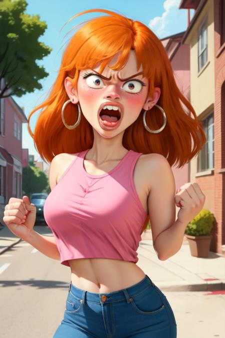 Sarah, orange hair, lips,   solo , upper body,     open mouth,  angry,  clenched hand,  blush, 
SarAtt, hoop earrings,midriff , pink shirt, denim jeans, shoes, 
outside, neighborhood,  cartoon, morning,  fury, 
(insanely detailed, beautiful detailed face, masterpiece, best quality) <lora:Sarah-ED-10:0.7> <lora:Crazy_ExpressionsV2:0.7>