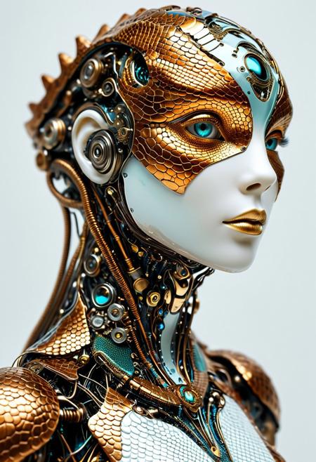 Behold the captivating union of human and reptilian essences. A robotic being's scaly head mesmerizes against a pristine white background, and its otherworldly eyes enthrall the viewer.
Experience a woman's enchanting metamorphosis, as she reveals a metallic body covered in copper and bronze scales that shimmer with a mysterious iridescence.
Mirrors and fabrics contribute to an otherworldly atmosphere, while the piece incorporates steampunk design elements to create a seamless blend of futuristic aesthetics. Explore the ever-changing dimensions of reality, as you delve into the enigmatic world of this mesmerizing artwork.