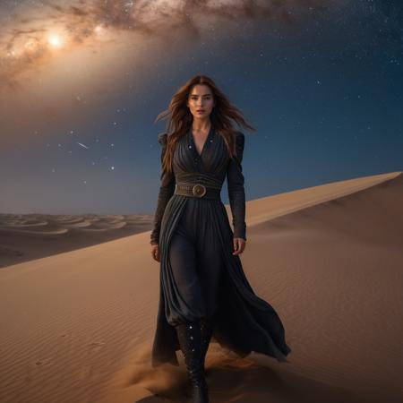 girl full-length photo, long hair, in clothes from the movie Dune, night dunes with a sky speckled with stars, a sandstorm is approaching in the background, hyper-realistic, 4k, cinematic, <lora:Coastal Dunes Photography:0.3> ,<lora:FDESIGN_Starry_Sky_SDXL:0.5> ,  <lora:FilmVelvia3:1>
