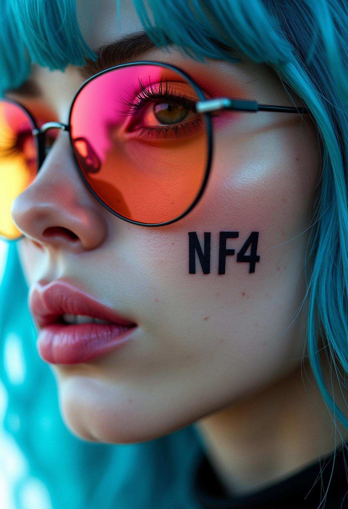 cyberpunk photo of face closeup, the text \"NF4\" is tattooed on the womans cheek. She has blue hair and sunglasses with a pink and yellow tint