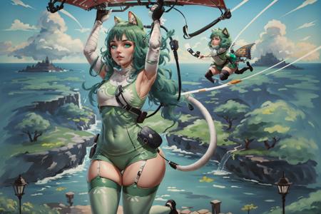 Highly detailed, High Quality, Masterpiece, beautiful, Paragliding, <lora:Paragliding:0.8>, 1girl, solo, arms up, flying, in the air, holding, holding with both hands, frontview, wide shot, full body, Android-chan, green dress, elbow gloves, green thighhighs, tail, <lora:Char_Meme_Androidchan:0.8>, (detailed face and eyes:1.3)