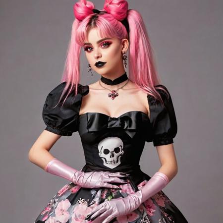 1girl, fires a flamethrower, anime, solo, long hair, breasts, looking at viewer, bangs, simple background, black hair, hair ornament, dress, bow, ribbon, bare shoulders, twintails, jewelry, very long hair, upper body, pink hair, short sleeves, multicolored hair, earrings, parted lips, detached sleeves, sleeveless, puffy sleeves, hand up, bowtie, pink eyes, grey background, hair bun, nail polish, black dress, puffy short sleeves, wrist cuffs, double bun, black bow, makeup, sleeveless dress, black background, brooch, gem, pink nails, skull hair ornament, skulls on a belt,<lora:Flamethrower:1>
Flamethrower, ((demolished city on a background))