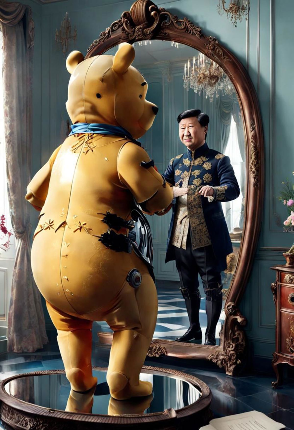 A man wearing a suit and a blue scarf is standing in front of a mirror, adjusting his tie. A large teddy bear, or a giant Winnie the Pooh, is also in the scene, positioned behind the man. The teddy bear is wearing a blue scarf and is looking at the man as he adjusts his tie. The overall atmosphere of the image is whimsical and playful, with the teddy bear appearing to be a part of the man's life.