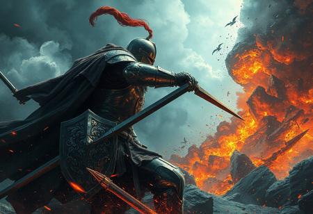 Experience an epic clash between our hero - Lady of the Lake's valiant knight, vividly depicted in exceptional detail, and impending doom embodied by molten destruction! This stunning artwork boasts lifelike details from super detailed armor down to handcrafted clothes; exuding precision & high quality through sharp lines, brush strokes, capturing dynamic actions poses whilst maintaining balanced editing emphasizing intent focus moments set within creative angles amidst well timed lighting effects creating unparalleled visual harmony blending contemporary aesthetical elements into this masterpiece bringing forth beautiful matte painting techniques combined seamlessly using cutting edge technology like octane render or even UE5 resulting not just another illustrative piece rather immersively engaging artworks rivaling those found trending across platforms such cgsocietys',art station hub pages alongside behances curated collections featuring golden ratios perfectly executed throughout each composition element ensuring maximum impact leaving viewers awestricken meshed beautifully via splashes ink stylistic choices culminating joyous emotions convey powerful messages subtly embedded deep beneath these layers rich hues evoking intense feelings further accentuated courtesy intricate eye designs bound make anyone fall deeply enamoured upon first glance making no mistake why they say 'a picture speaks louder than thousand word'.