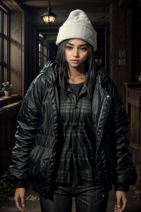 (masterpiece, best quality)
1girl, FreyForspoken, dark skin, beanie, hat, jacket, long hair, black hair, shirt, plaid, looking at viewer, pants, open clothes, realistic, black jacket, long sleeves, solo, open jacket, plaid shirt, white headwear, solo focus, cowboy shot, brown eyes
<lora:epi_noiseoffset2:1>,  <lora:add_detail:0.5>,  <lora:FreyForspoken:0.7>