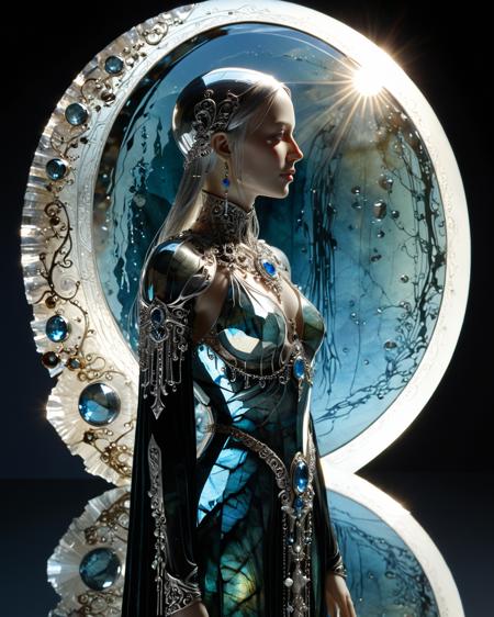 (full body sorcerer:1.7), shadows, full body, LABRADORITE, silver, chrome,  illuminated face, sunlight shining through gemstone of semi-precious stone, detailed face, Kay Nielsen , water, reflections, transparency, arch, moon, volumetric lighting, prismatic effect, blood, viewed from the side, <lora:add-detail-xl:1.0>  <lora:xl_more_art-full_v1:0.5>