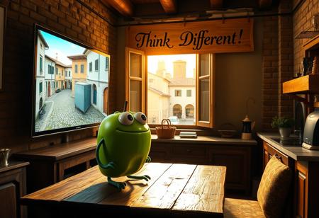 "In a cozy Italian apartment, an anthropomorphic green apple with expressive features—eyes, arms, and legs—sits on a rustic wooden table, watching a large TV on the wall. Golden sunlight filters through an open window, revealing an old piazza with cobblestone streets and terracotta rooftops. On the screen, an Apple computer commercial plays, showcasing sleek designs and vivid colors.
The green apple leans forward, captivated, its eyes wide with curiosity. A beautifully crafted cardboard sign hangs above the TV, boldly reading 'Think Different!' in elegant, Renaissance-inspired typography. The sign’s intricate details blend old-world craftsmanship with modern flair.
The room combines traditional and contemporary Italian aesthetics: exposed brick, wooden beams, and modern decor. Soft light from the TV illuminates the apple’s glossy green skin, as the scent of espresso drifts from the nearby kitchen, merging Italy’s timeless charm with high-tech innovation."