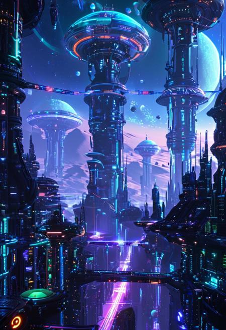 score_9, score_8_up, score_7_up, futuristic-city, Sci-fi metropolis, busy streets, alien world, multiple moons, neon, concept art, detailed, masterpiece