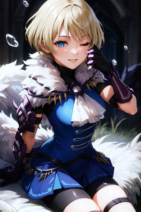 (highly detailed:1.3),
merrin fe, looking at viewer, smile, short hair, skirt, shorts, bike shorts, shorts under skirt, medium breasts, sitting, flower, pleated skirt, boots, parted lips, one eye closed, shorts, black gloves, miniskirt, armor, blue skirt, fur trim, ascot, blue shirt, gauntlets, water drop,
Ultra-detail,(highres:1.1),best quality,(masterpiece:1.3),cinematic lighting,
(highly detailed face and eyes:1.3),