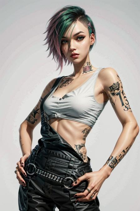 JudyCyber, 1girl, tattoo, solo, multicolored hair, hands on hips, green hair, overalls, realistic, black nails, jewelry, short hair, piercing, lips, ring, looking at viewer, pink hair, tank top, small breasts, arm tattoo, two-tone hair, breasts, simple background
masterpiece, best quality,
<lora:epi_noiseoffset2:1>,  <lora:add_detail:0.7>,  <lora:JudyCyber:0.7>