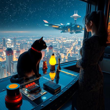 A sleek black cat with red collar sits on a cluttered metal riveted desk with transparent top and micro-LED lighted computer components visible inside, On the desk are a maneki neko statue and a lava lamp, the Black Cat is looking out of a seamless and futuristic floor to ceiling window that looks out at the lights of enormous buildings and cities far below, (((a beautiful woman, 24 years old, is standing next to the desk the cat is sitting on and looking longingly out the window, the woman is dressed in an ornate elegant Chinese style dress. An enormous deco-cyberpunk starship with futuristic lighting and an enormous space station are visible in the background among the stars, The woman's hair is elegantly tied up with a ribbon. Artistic cyberpunk, dynamic perspective, (((overall architectural aesthetic is Art Deco Cyberpunk))).  Epic image that elicits a feeling of wonder and awe, part of the interior is visible,