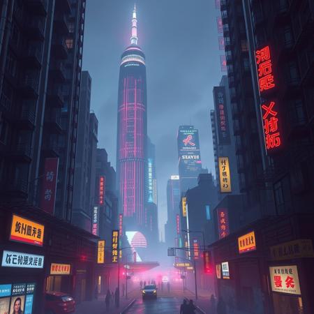 make cyberpunk future setting with skyscraper chine text of a town