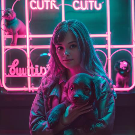 DSLR photo, a woman standing in front of a pink neon sign, (holding a puppy:1.3), <lora:NeonNoir-000002:0.65>,  (plants in background:0.8), (volumetric lighting:1.3), NeonNoir, hard shadow, masterpiece, best quality, Intricate, High Detail, 8k, modelshoot style, film grain,  <lora:theovercomer8sContrastFix_sd15:0.3>