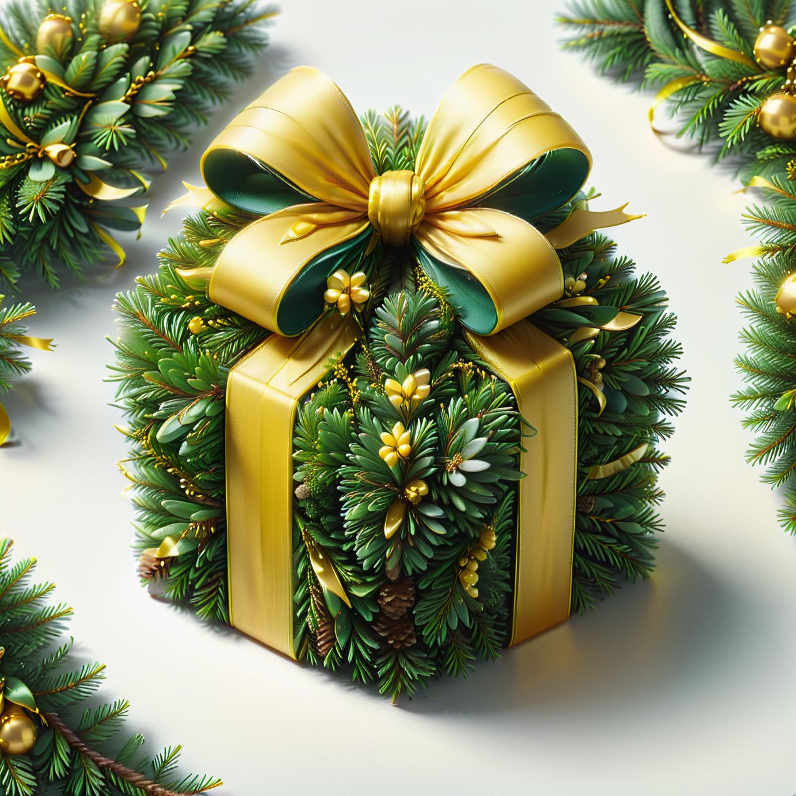 A beautifully wrapped gold and green ornamental gift with a bow.