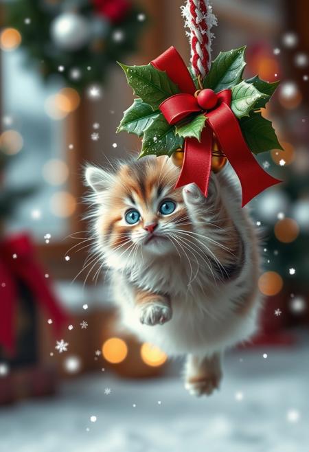A whimsical winter wonderland scene captures a fluffy kitten's playful essence as it mid-bat at a hanging Christmas bell adorned with lush holly and crimson ribbon. The kitten's bright blue eyes sparkle with mischief, surrounded by soft, feathery whiskers and ultra-realistic fur. A sprinkle of tiny snowflakes dances around the bell, suspended in mid-air amidst warm, cozy indoor ambiance, illuminated by soft bokeh lights.