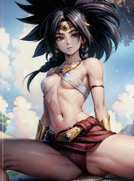 ((small breasts:1.6)),beautiful asian girl,  (original: 1.2), (realistic: 1.3) (mixed Korean), beautiful girl with beautiful details, extremely detailed eyes and face, eyes with beautiful details, absurd, incredibly absurd, huge file size, ultra detail, high resolution, ultra detailed, best quality, masterpiece, illustration, ultra detailed and beautiful, ultra detailed, CG, unity, 8k wallpaper, amazing, fine Detail, masterpiece, top quality, official art, extremely detailed CG unity 8k wallpaper, cinematic lighting, (perfect shiny skin:0.6), slim and smooth lines, (floating),(spread legs:1.4),
<lora:girlbroly-08:0.6>,1girl, solo, solo focus, ),  black hair, twin braids, ((red skirt)), gold headband front, golden necklace on the chest,gold bracelet with gems, (black crop top),   white pants,