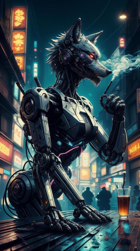 <lora:C7b3rp0nkStyle:1> C7b3rp0nkStyle a a robotic wolf smoking a cigarette vibrant lighting, elegant, highly detailed, smooth, sharp focus, illustration, beautiful, geometric, trending on artstation, full body, cinematic, artwork by borovikovsky, colorful, cyberpunk style, neon lights, dark mood, high contrast, (Masterpiece:1.3) (best quality:1.2) (high quality:1.1)