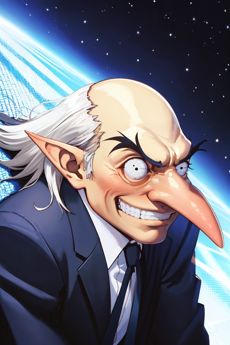 igorpersona, pointy ears, grin, gloves, suit, bald, white hair, old, old man, long nose, pointy nose, pupils