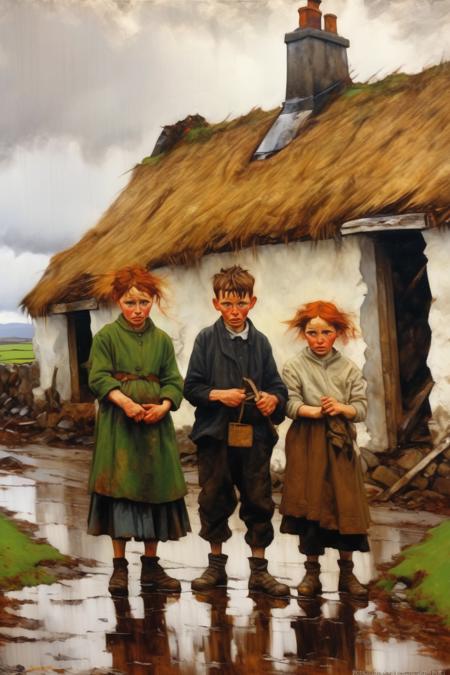 <lora:William McTaggart Style:1>William McTaggart Style - A painting of a poor Irish evicted family in front of their ruined thatch cottage in the rain in rural Ireland in the style of Norman Rockwell