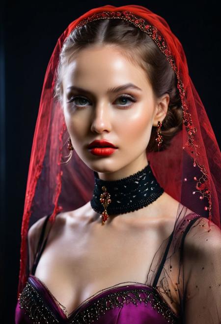 A professional (fashion photo photography:1.2),a  (studio portrait:1.2),showing (surrealistic style:1.1),(black purple gradient background:1.2),(exaggerated character movements:1.5),against glass,(masterpiece, best quality:1.4), perfect body,  long hair, brown hair, brown eyes, parted lips, , detailed skin,model photoshoot, long bob-cut hair, shiny oiled skin, pale skin,  pale white skin, shiny oiled skin, pale skin, realistic eye and face details), hyperrealism, very slim,  4k HDRvaporwave style Ultra High Resolution, wallpaper, 8K,Rich texture details, hyper detailed, detailed eyes, detailed background, dramatic angle,Ultra High Resolution, wallpaper, 8K,Rich texture details, hyper detailed, detailed eyes, detailed background, wearing translucent veils, elegant profile pose, dark photography, dramatic lighting, black background, deep shadows, chiaroscuro, (old russian folk light dress red ornaments:1.1) slim elegant russian girl folk hairstyle halo above head (icon style:1.2) choker, make-up photography by (Ethel Warwick:1.3), modelshoot, pose, , (Ethel Warwick: 1,2) award winning photo macro shot  dramatic lighting,philosophical dimensions,NIKON Z9,35mm,f/1.2,RAW format,stark composition.,(muted tones:1.2),award winning photo,(dream-like quality:1.2),