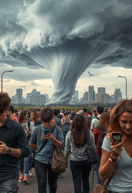 there are a lot of people with phones in their hands, walking and looking at the screen, while a large tornado develops in the background, taking the city to ruins
