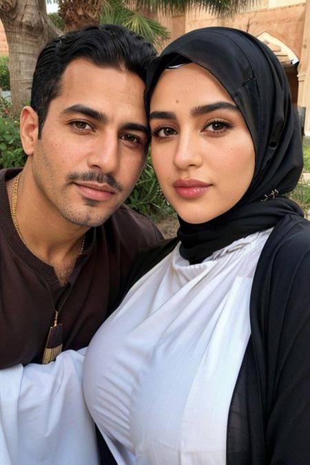 high quality, moroccan style, traditional clothes, hijab, happy, straight couple, couple, 1 male, dilf, brown eyes, dark hair, rough looking, manly face, strong facial features, short beard, thick hair, hairy chest, hairy body, 1 female, huge tits, big boobs, fat, curvy body wide hips, thick hips, soft focus