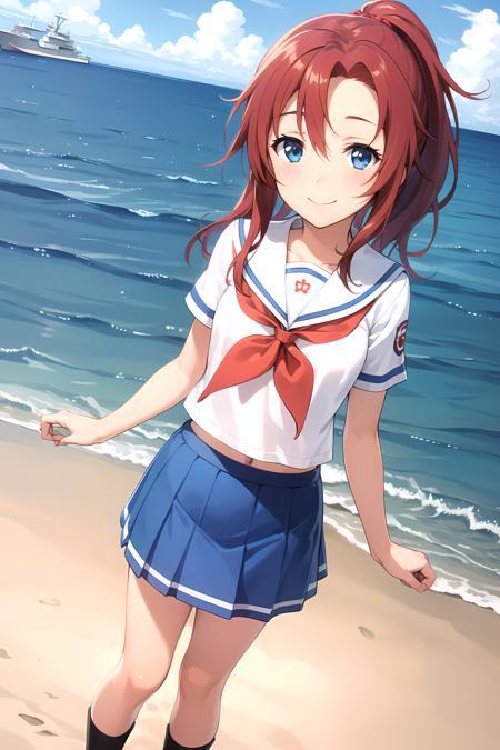 MatsunagaRitsuko red hair, blue eyes, long hair, ponytail serafuku, short sleeves, blue skirt, red neckerchief