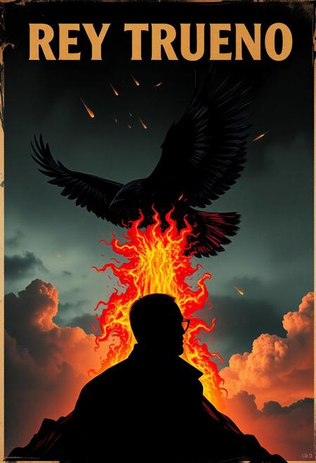 vintage movie poster with black SKY very clean colours, meteors falling from sky, and a black raven flying with wings  like thunders coming out from a volcano erupting ,wind seems like flames, behind a very clear silhouette of man from Tijuana mexico looking to the raven in skt. extremely intricate, stylized and classy concept art, a professional photograph. Detailed Textures, high quality, high resolution, high Accuracy, realism, color correction, Proper lighting settings, experimental art composition
Text "Rey Trueno",