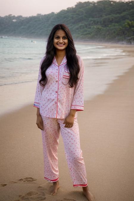 mj, photo RAW, Indian, 25 years old, smiling, ((looking at camera)), Straight hair, on a beach, pajamas, (flawless, vibrant), (award winning photography), perfect composition, hyper realistic <lora:ReaLora:0.6>