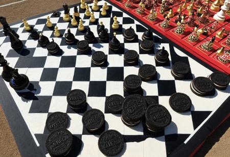 Incredibly Detailed Accurate photo Of A Giant Chessboard With Oreo's Being Used As Tokens