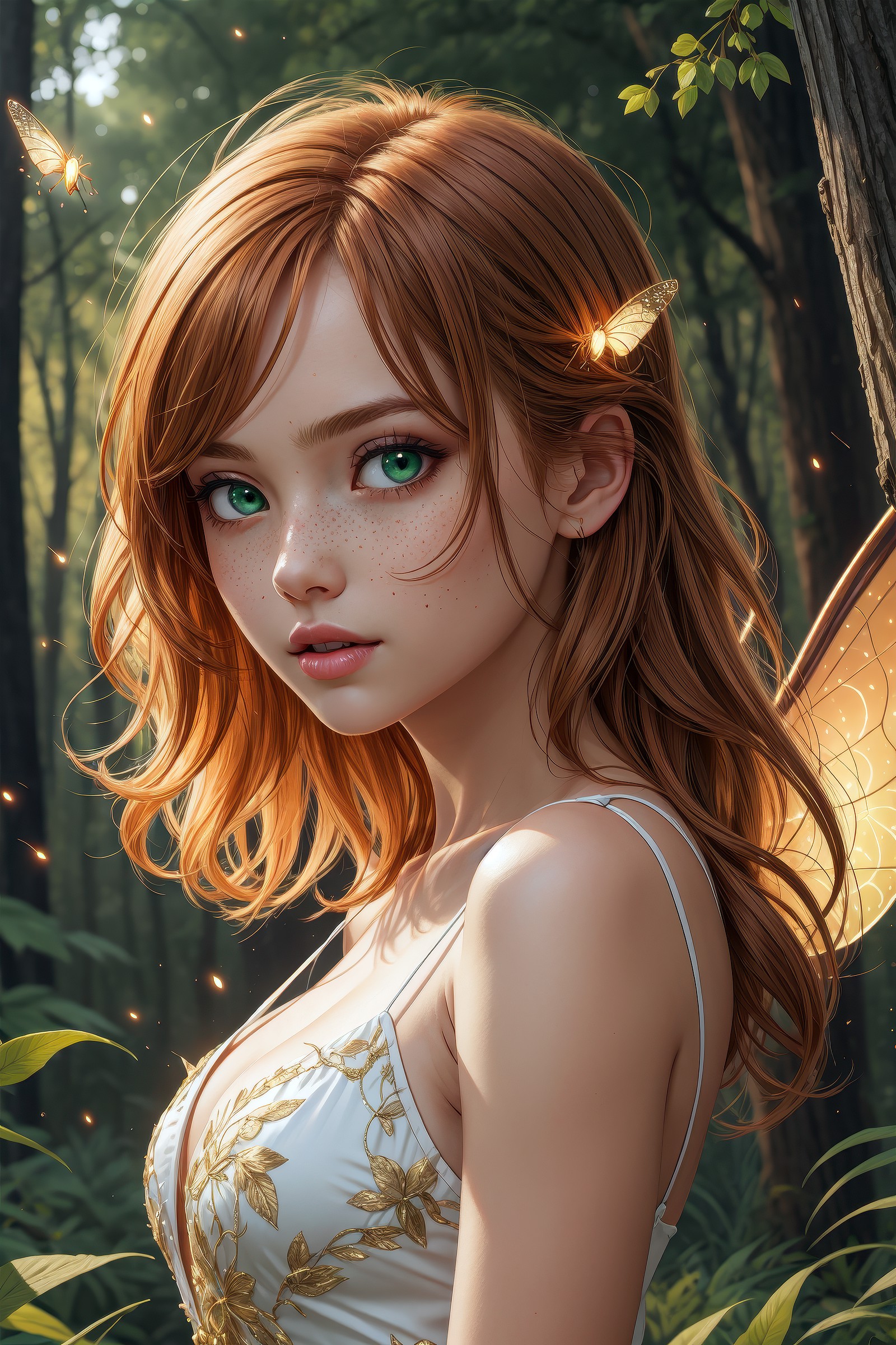 masterpiece, highest quality, detailed face and eyes, fairy with wings, ginger hair, messy hair, dress, fireflies, forest,...