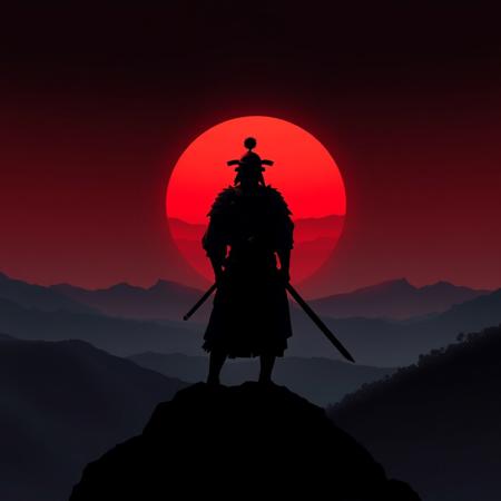 a samurai is standing on a mountain, the sun is red, super focus on male, the samurai is holding a sword in the right hand, , superrealistic