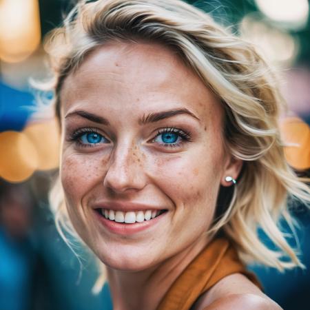 close-up instagram photo portrait, of a 28 years old blonde woman, with freckles, blue eyes, a seductive smile, earrings. The photo is detailed, has some film grain, is bright, contrasted and high resolution. The background is blurry by bokeh effect BREAK check for realism, artifacts, rectify