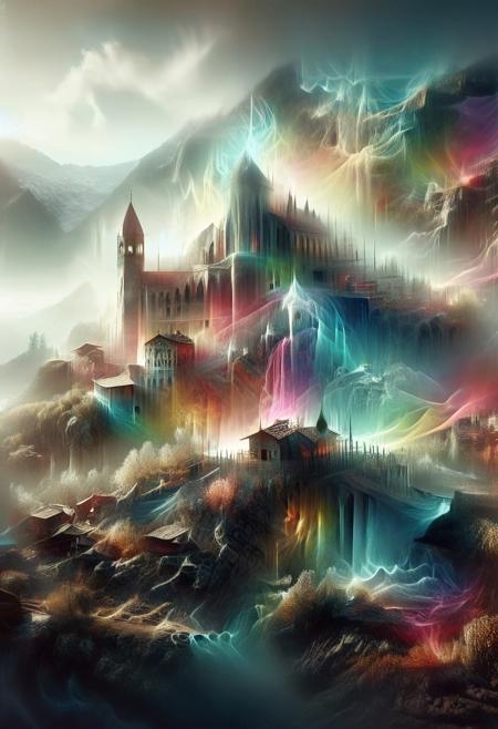 their peaks veiled in mist. mixed media, surrealism, great lighting, A surreal landscape highly detailed . extremely high-resolution details,  appears trapped in an optical illusion of reflections and refractions colorful , mountains and village in Turkey, professional photography, natural lighting, volumetric lighting maximalist. intricately detailed, complex, elegant, expansive, fantastical, film photography style,  medium grain