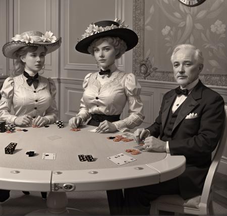 a  sexy white woman  playing poker at  a table with with seedy gamblers
 <lora:1905_dress_v1:1> 1905_dr3ss,