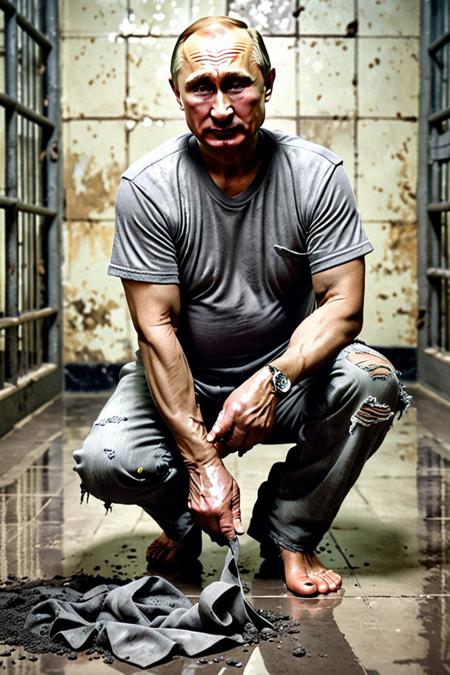 A photorealistic picture of an (((old Vladimir Putin))) in a dirty prison. He is (((down on his knees))) and scrubbing the dirty floor with a dirty rag. His face expresses absolute despair, (((crying))). He is wearing (((dirty ripped grey trousers and durty, ripped gray t-shirt, barefoot))).  <lora:putintheking:1.7>