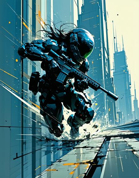 A sleek helmeted sniper woman leaping off a skyscraper, her rifle aimed mid-air. Dynamic âbullet timeâ composition, speed lines emphasizing movement, cel-shaded armor with halftone gradients, and a sprawling cybercity background in distorted perspective.