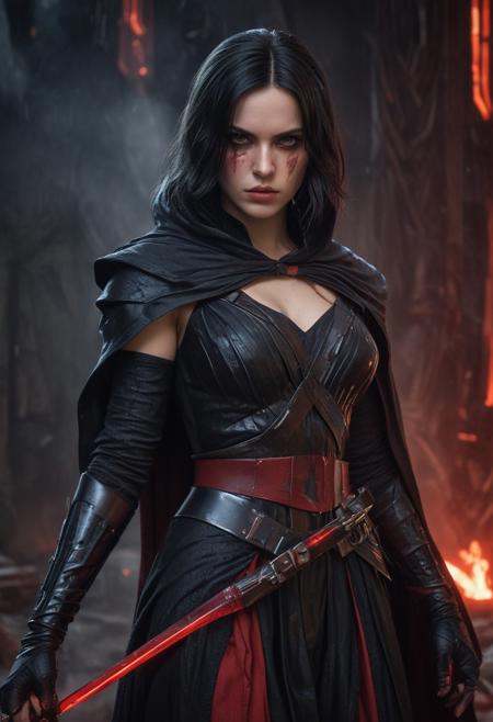 High resolution ultra-realistic of Beautiful Dark Sith girl, 8k, capturing the intensity of the moment, cinematic lighting, standing on a bloody and turbulent battlefield in a bloody battle, wavy black hair, realistic dirty pale face, realistic red eyes, beautiful hourglass figure, burning in a Star Wars Town, intricately designed Star Wars style clothes dirty black-red robes, Star Wars Aesthetic, perfect athletic figure, beautiful Dark Sith Knightess, ultra realistic, cinematic style, vigorous and seductive, athletic figure, Star Wars style, dramatic lighting, wet and sweaty skin, dirty pale skin, athletic figure, dark fantasy, dramatic lighting, Greg Rutkowski style, Dark Sith Knightess on in Jedi dress, hyper-detailed, hyper-realistic, natural light, extremely intricate details, masterpiece, epic, bright colours, Attractive 21 old years girl, beautiful firm Breasts, sharp focus, digital painting, Photograph Taken on Nikon D750, Alphonse Mucha, 8K, athletic figure, Hyperdetailed, hyperrealism, Attractive, Attractive bust girl, asymmetric balance