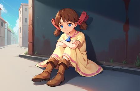 josettewpj2, brown hair, short hair, hair ornament, twintails, blue eyes, ocarina, jewerly, necklace, brown boots, yellow dress green dress pink dress white dress blue bird