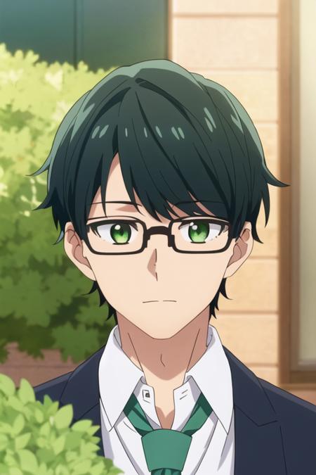 masterpiece, best quality, , 1boy, solo, male focus, looking at viewer, , depth of field, <lora:tasuku_kuresawa:0.64>, tasuku_kuresawa, black hair, glasses, green eyes, formal, necktie, dress shirt,