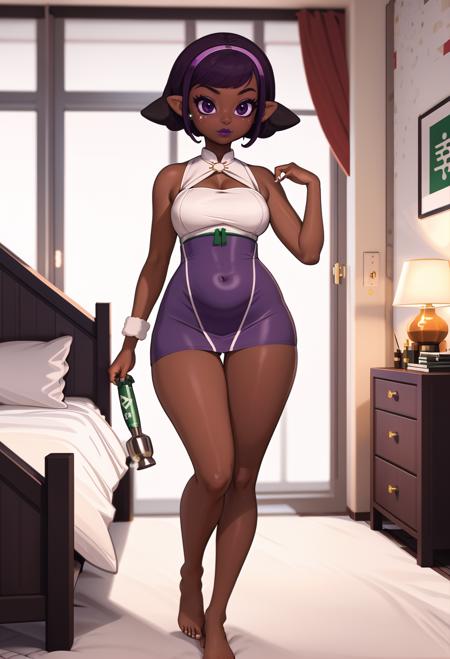 soft, bokeh,1girl, (subtropical chemist:1.3), elf, (in a brutalist bedroom:1.3), (full body:1.4), dark lipstick, , matte purple eyes, [:colorful costume design:0.2], cameltoe,tattoos,(from above:1.45), narrow waist, tall, athletic thicc toned hourglass figure,(muscular legs:0.25), , (maid outfit:1.2), (dark skin:1.3)<lora:EnvyCuteXL04:1>