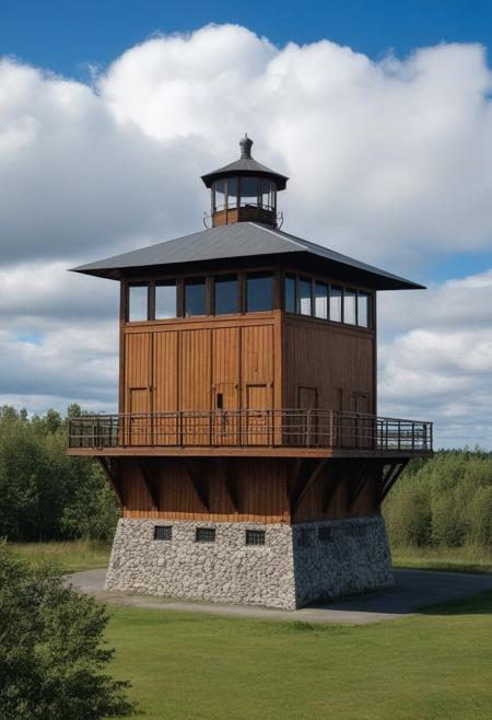 watchtower which is an aerial surveillance structure built between 1940 and 1942. the wooden building has an asphalt shingle cladding comprising a four-story square tower topped with a terrace and metal guardrail. Add three rectangular annexes to the building. Cululus river and clouds background