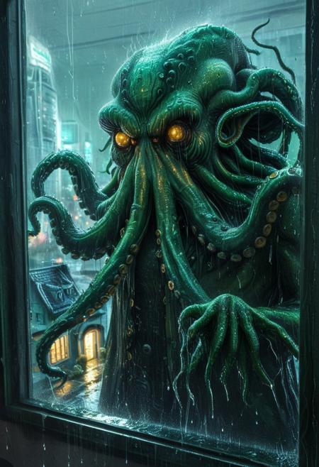 lazypos,
tearStyle2,
An anthropomorphic cybernetic cthulhu looking through the window of his home in a cyberpunk city, raining, wet glass, highly detailed,