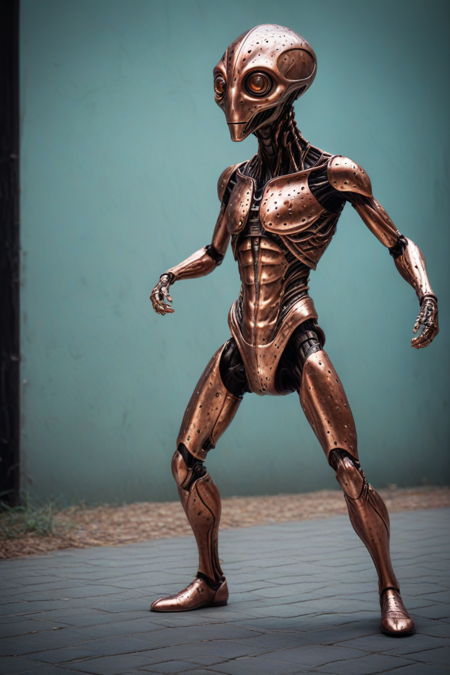 A copper alien, action pose, cinematic photography  <lora:MadeOfCopper01_CE_SDXL:1>