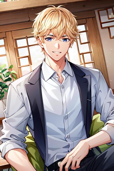 ((high_quality, distinct_image)), masterpiece, extremely_detailed_CG, illustration, 1boy, looking at viewer, handsome, beautiful_detailed_hair,  male, zhouqiluo, upper_body,  indoor, smile, toned