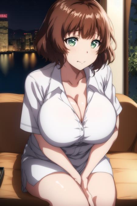 地点：(Night:1.7), Cyberpunk_CityView, Before Window,
动作：sitting at attention,sitting on couch,
服饰：short_sleeves,Deep_cleavage, collarbone,white_collared_shirt, white_pencil_skirt,
角色：<lora:NanamiRion-V1:0.7>, <lora:saiminSeishidou:0.1>,
头发：brown_hair,bangs, green eye,
角色鎖定：
1 girl, Manga,20yo,mature female,Beautiful Finger,Beautiful long legs,Beautiful body,Beautiful Nose,Beautiful character design, perfect eyes, perfect face,
眼神表情：
looking at viewer, (innocent_big_eyes:1.0),(Light_smile:0.7),
畫質:
official art,extremely detailed CG unity 8k wallpaper, perfect lighting,Colorful, Bright_Front_face_Lighting,
(masterpiece:1.0),(best_quality:1.0), ultra high res,4K,ultra-detailed,
photography, 8K, HDR, highres, absurdres:1.2, Kodak portra 400, film grain, blurry background, bokeh:1.2, lens flare, (vibrant_color:1.2)
身材:
(Beautiful,large_Breasts:1.4), (beautiful_face:1.5),(narrow_waist),
Negative prompt: EasyNegative, bad-artist-anime, bad-hands-5, lowres, bad anatomy, bad hands, text, error, missing fingers, extra digit, fewer digits, cropped, jpeg artifacts, signature, watermark, username, blurry, out of focus, censorship, Missing vagina, Blurry faces, Blank faces, bad face, Ugly, extra ear, amputee, missing hands, missing arms, missing legs, Extra fingers, 6 fingers, Extra feet, Missing nipples, ghost, futanari, Extra legs, Extra hands, panties,pants, (painting by bad-artist-anime:0.9), (painting by bad-artist:0.9), text, error, blurry, jpeg artifacts, cropped, normal quality, artist name, (worst quality, low quality:1.4),
Steps: 27, Sampler: Euler a, CFG scale: 7, Seed: 4067415203, Size: 512x768, Model hash: 3e9211917c, Model: yesmix_v16Original, Denoising strength: 0.5, Hires upscale: 2, Hires steps: 18, Hires upscaler: Latent