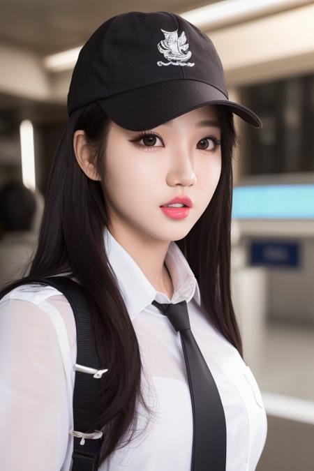 Kpop idol, solo, (pilot, uniform in black, white shirt),airport ,wide angle,full body,best quality, ultra high res, (photorealistic:1.4), light smile,(parted lips), pink lips, small breasts, petite, cinema light, extreme detailed illustration, depth of field, caustics, Broad lighting, natural shading, 85mm, f/1.4, ISO 200, 1/160s:0.75